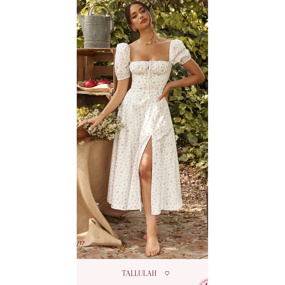 House of CB Tallulah Floral Puff Sleeve Midi Dress Ivory White Size M